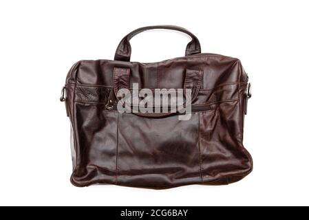 Borsa in pelle vintage usata, valigetta in valigia isolata su bianco Foto Stock
