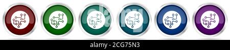 Circuito, tecnologia, chip, icone del processore, set di pulsanti argentati metallici lucidi in 6 opzioni di colore isolati su sfondo bianco Foto Stock