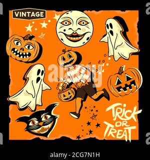 Una collezione vintage di personaggi e decorazioni halloween. Illustrazione vettoriale. Illustrazione Vettoriale