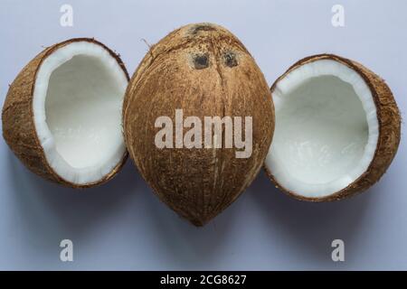 Una noce di cocco intera e due metà isolate su sfondo bianco. Foto Stock