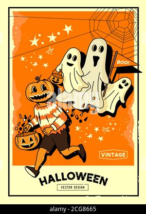 Sfondo del layout degli eventi halloween vintage spooky con trick o trattare personaggi e fantasmi. Immagine di sfondo vettoriale. Illustrazione Vettoriale