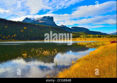 Un'immagine di paesaggio autunnale della montagna Roche Miette a Jasper Parco Nazionale con le erbe che girano i colori luminosi di caduta Foto Stock