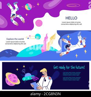 Set di striscioni o volantini sull'argomento del cosmo con astronauta o cosmonauta. Illustrazione Vettoriale