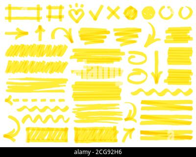 Tratti tracciati a mano. Linee di traccia dei marcatori gialli, strisce dei marcatori ed elementi di evidenziazione, set di illustrazioni vettoriali dei segni dei marcatori permanenti Illustrazione Vettoriale