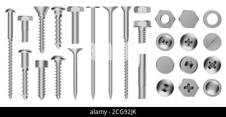 Viti in metallo realistiche. Viti in acciaio per edilizia, dadi esagonali, rivetti e bulloni, set di icone vettoriali per fissaggio a secco in metallo Illustrazione Vettoriale