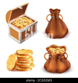 Tesoro d'oro realistico. Pila di monete, cassa di tesoro in legno e sacco di tela pieno di monete d'oro, lucido oro tesoro vettore illustrazione set Illustrazione Vettoriale