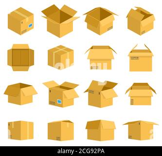 Scatola di cartone. Scatole di imballaggio per la consegna in cartone, contenitori di cartone aperti e chiusi, cartoni postali, cartoni postali, icone vettoriali per l'illustrazione Illustrazione Vettoriale