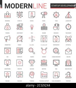 Set di illustrazioni vettoriali per icone di linee nere sottili con tecnologia di sviluppo per startup aziendali. Delineare una strategia aziendale di successo per avviare nuovi simboli di progetto con lo sviluppo della ricerca sulle idee per l'innovazione Illustrazione Vettoriale