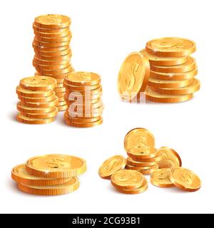 Pile di monete realistiche. Monete d'oro stack di dollari, monete jackpot 3D, oro premio tesoro, monete in contanti pile di monete isolato vettore illustrazione set di icone Illustrazione Vettoriale