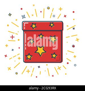 Scintillante icona della confezione regalo con stelle in stile piatto Illustrazione Vettoriale