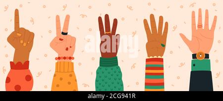Contare le mani. Gesti delle mani, numero di dita moderne disegnate a mano da uno a cinque, numeri mostrati dalle mani, icone di illustrazione vettoriale alla moda Illustrazione Vettoriale