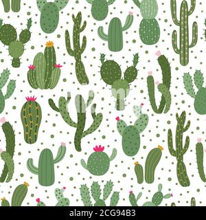 Schema Cactus. Disegno senza giunture di houseplant di cactus, stampa di avvolgimento di piante succulente, illustrazione di sfondo carino del vettore di cactus doodle di deserto Illustrazione Vettoriale