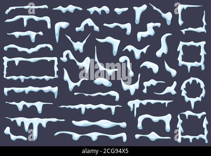 Cappelli da neve. Icicola da neve invernale, bordi di neve frost, cornici ghiacciate di neve ghiacciate di colore blu, bordi ghiacciati di neve bianca delimitati simboli vettoriali di illustrazione impostati Illustrazione Vettoriale