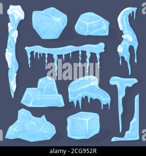 Inverno icicles. Coprioggetto da neve, simbolo di ghiaccio bianco con cubo di cristallo smerigliato, calotte da ghiaccio, set di simboli vettoriali isolati con blocco di cristallo e pezzo Illustrazione Vettoriale