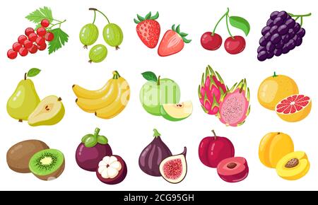 Frutta del cartone animato. Frutta tropicale, banana, fico, mela e drago, agrumi e bacche, frutti esotici vegetariani vettore illustrazione icone set Illustrazione Vettoriale