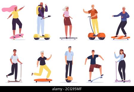 Persone con veicoli personali. Dispositivi di trasporto ecocompatibili, skateboard uomo e donna, kick scooter e set di illustrazioni vettoriali segway Illustrazione Vettoriale