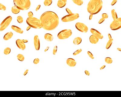 Monete in caduta realistiche. Monete d'oro 3d che cadono giù, monete del dollaro del jackpot che volano, monete del dollaro d'oro che cadono giù illustrazione di fondo del vettore Illustrazione Vettoriale