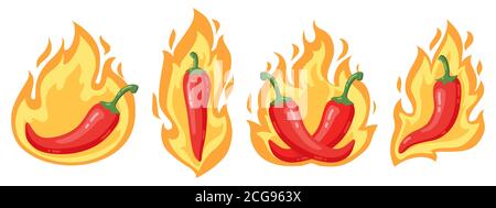 Peperoncini caldi. Cartoon piccante peperoncino rosso in fiamme fuoco, rosso caldo bruciando peperoni messicani isolato vettore illustrazione icone set Illustrazione Vettoriale