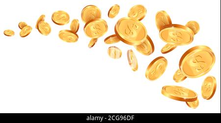 Tesoro 3D d'oro realistico. Monete d'oro onda, monete in contanti che cadono sentiero, 3D Golden tesoro vincitore premio vettore di sfondo illustrazione Illustrazione Vettoriale