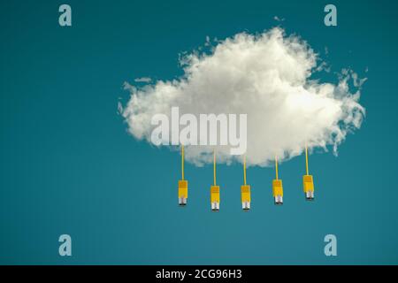 Rendering 3D: Concetto di cloud computing: Cinque cavi ethernet gialli sospesi da un cloud. Sfondo blu/verde. Foto Stock