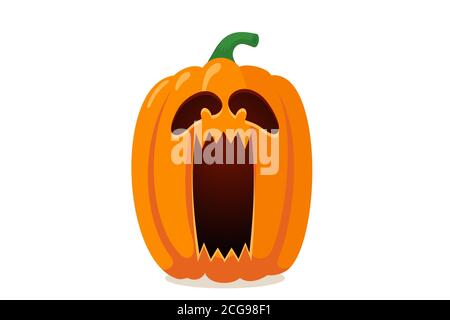 Spaventoso jack o lanterna di zucca spooky con paura fantasma creepy urlando faccia fantasma. Halloween tradizionale felice festa celebrazione horror decorazione simbolo del male. Illustrazione vettoriale piatta isolata Illustrazione Vettoriale