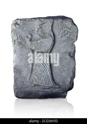 Pannello di rilievo di Hittite della dea Ishtar, capitale di Hattusa, nuovo Regno di Hittite 1450-1200 AC, Museo Archeologico di Bogazkale, Turchia. Bianco Foto Stock