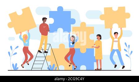 Persone collegare puzzle flat vettore illustrazione. Cartone animato uomo felice donna giovane squadra di personaggi che collegano i pezzi di puzzle insieme. Costruzione di un lavoro di squadra, concetto di partnership di successo isolato su bianco Illustrazione Vettoriale