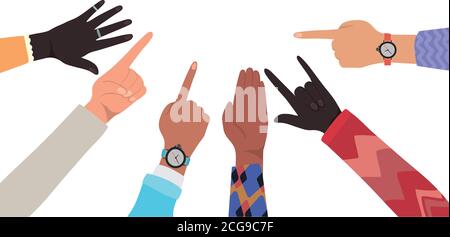 mani con il numero uno e rock segno di diversi tipi di skin disegno vettoriale Illustrazione Vettoriale