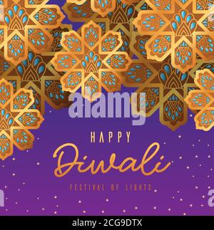 Fiori d'oro Happy diwali su sfondo viola disegno vettoriale Illustrazione Vettoriale