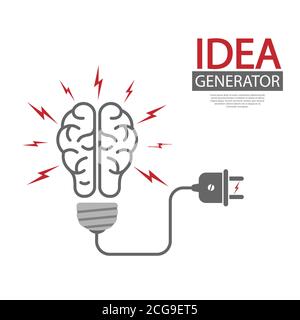 Generatore di idee. Il cervello umano e la lampadina. Illustrazione vettoriale modificabile per siti Web, opuscoli, progetti e design creativo. Isola immagine stock Illustrazione Vettoriale