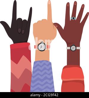 mani con il numero uno e rock segno di diversi tipi di skin disegno vettoriale Illustrazione Vettoriale