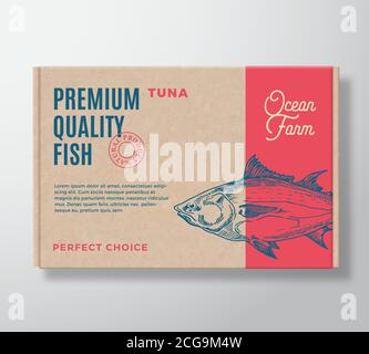 Scatola di cartone realistica di qualità Premium Fish. Disegno o etichetta astratta del packaging vettoriale. Tipografia moderna, silhouette di tonno disegnata a mano. Carta artigianale Illustrazione Vettoriale