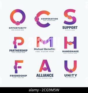 Lettere di handshake Abstract Vector Sign, Symbol or Logo Templates Set. Una raccolta di icona di Shake a mano incorporata in lettere concetti di cooperazione. Illustrazione Vettoriale