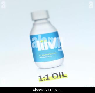 Olio di cannabis Liiv sul sito ufficiale della Liive Company sullo schermo dello smartphone. Foto Stock