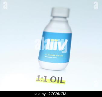 Olio di cannabis Liiv sul sito ufficiale della Liive Company sullo schermo dello smartphone. Foto Stock