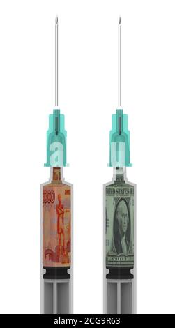 Siringa medica con ago riempito con banconota da rublo russo e dollari USA. Isolato. Illustrazione 3D Foto Stock