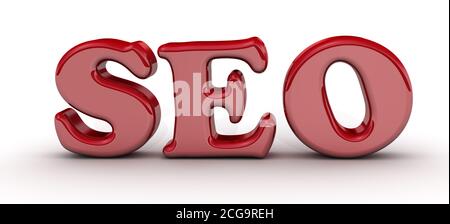 SEO - ottimizzazione dei motori di ricerca. L'acronimo SEO è fatto da cubi rossi su una superficie bianca. Illustrazione 3D Foto Stock