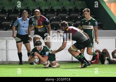 Twickenham, Regno Unito. 09 settembre 2020. Ben Donnell di Londra Irish ha provato a farlo 12-5 durante la partita di rugby della Gallagher Premiership tra Londra Irish e Harlequins a Twickenham Stoop, Twickenham, Inghilterra, il 9 settembre 2020. Foto di Ken Sparks. Solo per uso editoriale, è richiesta una licenza per uso commerciale. Nessun utilizzo nelle scommesse, nei giochi o nelle pubblicazioni di un singolo club/campionato/giocatore. Credit: UK Sports Pics Ltd/Alamy Live News Foto Stock