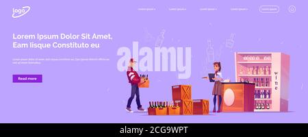 Consegna merci, distribuzione cartoni animati landing page. Cliente donna, proprietario di negozio di alcolici firma documenti per confermare la ricezione di ordine di trasporto da fornitore o società di logistica, vettore web banner Illustrazione Vettoriale