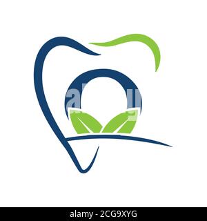 Lettera o con simbolo di illustrazione del dente e della foglia verde per l'assistenza sanitaria dentale. Illustrazione vettoriale EPS.8 EPS.10 Illustrazione Vettoriale