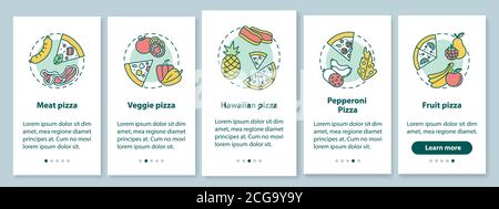 Tipi di pizza sullo schermo della pagina dell'app mobile con concetti Illustrazione Vettoriale