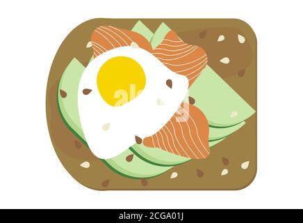 Toast all'avocado con uova in camicia e illustrazione del salmone isolato. Avocado affumicato fette di losce su pane, panino vegano con semi Illustrazione Vettoriale