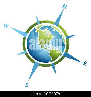 Bussola dal design moderno e colorato con globo per il simbolo del design degli elementi. Illustrazione vettoriale EPS.8 EPS.10 Illustrazione Vettoriale