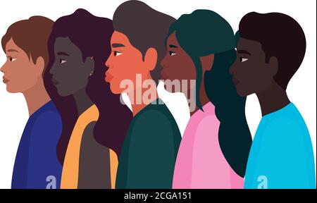 diversità pelli di donne e uomini cartoni animati disegno vettoriale Illustrazione Vettoriale
