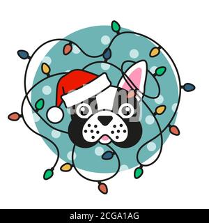 Carino cane pug in cappello di santa con luci di natale Illustrazione Vettoriale