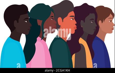 diversità pelli di donne e uomini cartoni animati disegno vettoriale Illustrazione Vettoriale