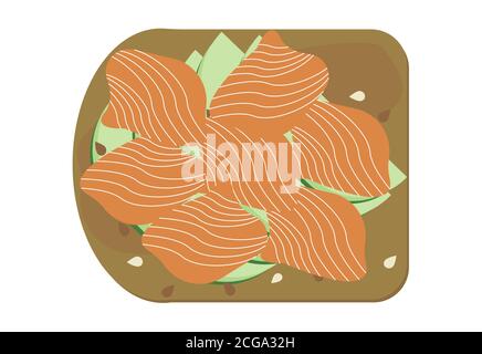 Toast all'avocado con uova in camicia e illustrazione del salmone. Fette di avocado su pane tostato, panino vegano con lombo affumicato e semi di sesamo Illustrazione Vettoriale