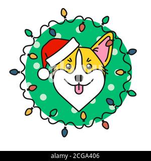 Carino cane Corgi in cappello di santa con luci di natale Illustrazione Vettoriale