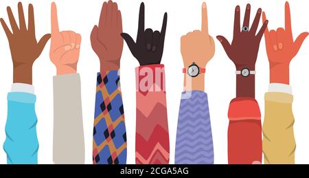 mani con il numero uno e rock segno di diversi tipi di skin disegno vettoriale Illustrazione Vettoriale