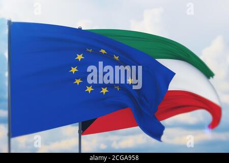 Sventolare la bandiera dell'Unione europea e la bandiera del Kuwait. Vista in primo piano, illustrazione 3D. Foto Stock